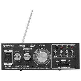 Amplificador de Potência Soundvoice RC02-BT Linha Soundvoice Lite Compacto de 60 Watts RMS C/ Controle Remoto e Bluetooth