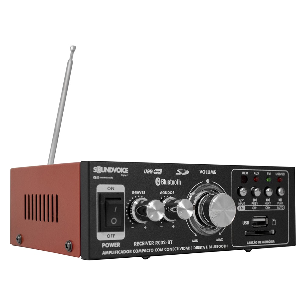 Amplificador de Potência Soundvoice RC02-BT Linha Soundvoice Lite Compacto de 60 Watts RMS C/ Controle Remoto e Bluetooth