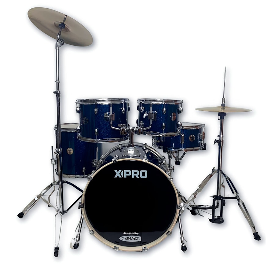Bateria Acústica X-Pro BAT420 Fusion Stage Blue Sparkle Bumbo de 20 C/ Banco e Pratos