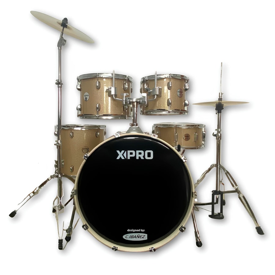 Bateria Acústica X Pro BAT622 Rock Stage Areia Sparkle Gold Bumbo de 22 C/ Banco e Pratos