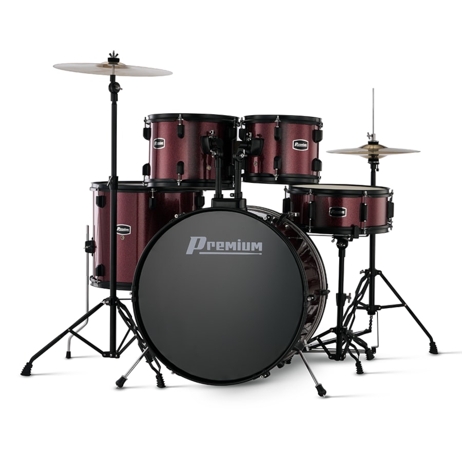 Bateria Premium DX422 WR Vinho  22/16/14/10/12 C/ Ferragens, Prato, Banco e Pedal