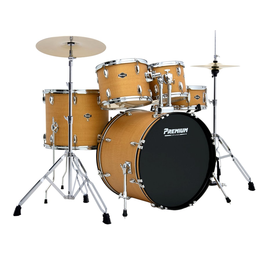 Bateria Premium Max PM22 NWS Naural Wood 22/16/14/12/10 C/ Ferragens, Pratos, Banco e Pedal