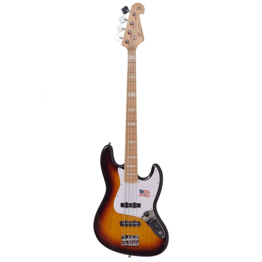 Contrabaixo SX SJB75 ASH Jazz Bass de 4 Cordas 3TS Sunburst c/ Escudo Mint Green