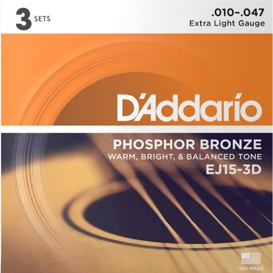 Encordoamento para Violão DAddario EJ15-3D Pague 2 Leve 3 Phosphor Bronze Extra Light 0.010