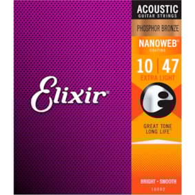 Encordoamento para Violão Elixir Nanoweb Phosphor Bronze Extra Light .010-.047  - 16002 Encordoamento para Violão Elixir Nanoweb Phosphor Bronze Extra Light .010-.047  - 16002