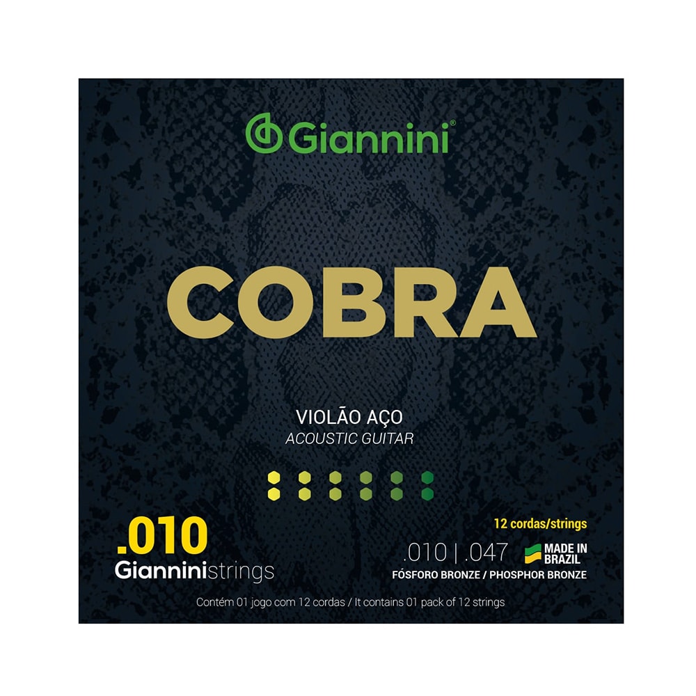 Encordoamento para Violão Giannini GEEF12EF Série Cobra Fósforo Bronze de 12 Cordas 0.010
