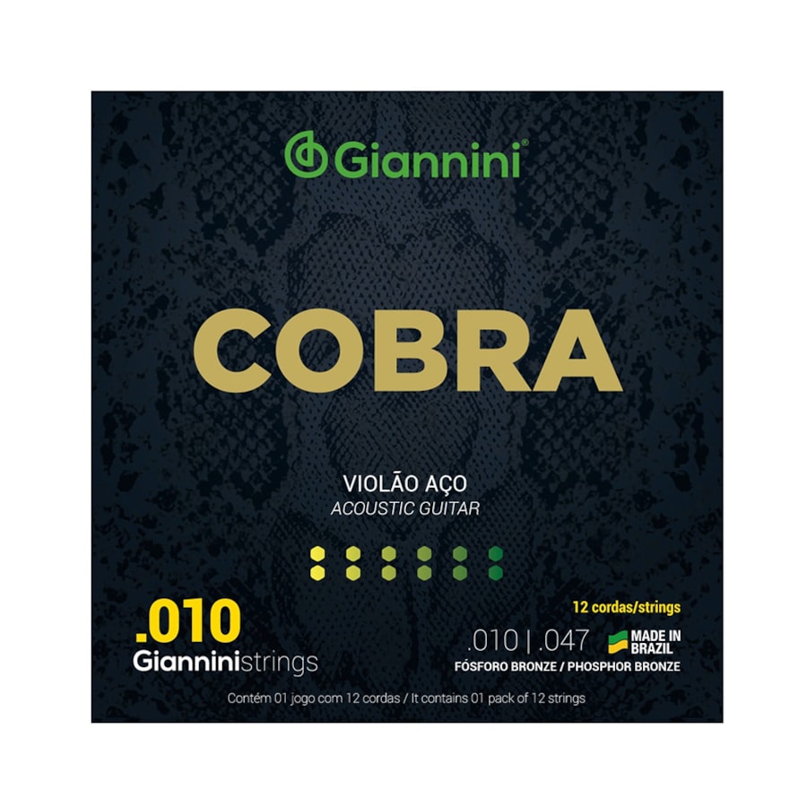 Encordoamento para Violão Giannini GEEF12EF Série Cobra Fósforo Bronze de 12 Cordas 0.010