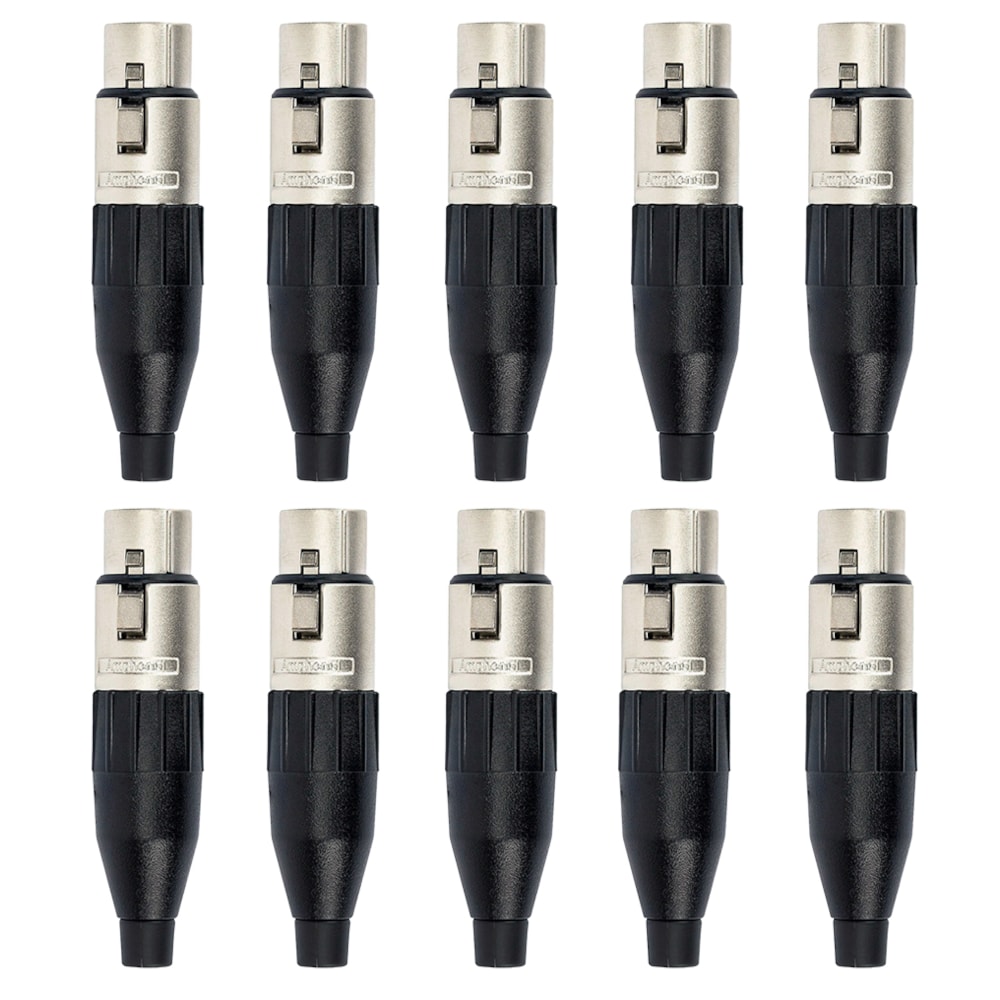Kit 10 Conectores Amphenol XLR Fêmea AC3F 3 Polos Preto