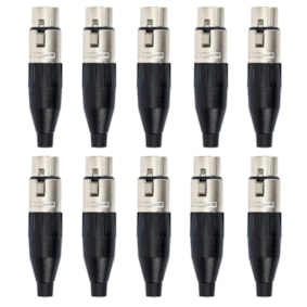 Kit 10 Conectores Amphenol XLR Fêmea AC3F 3 Polos Preto