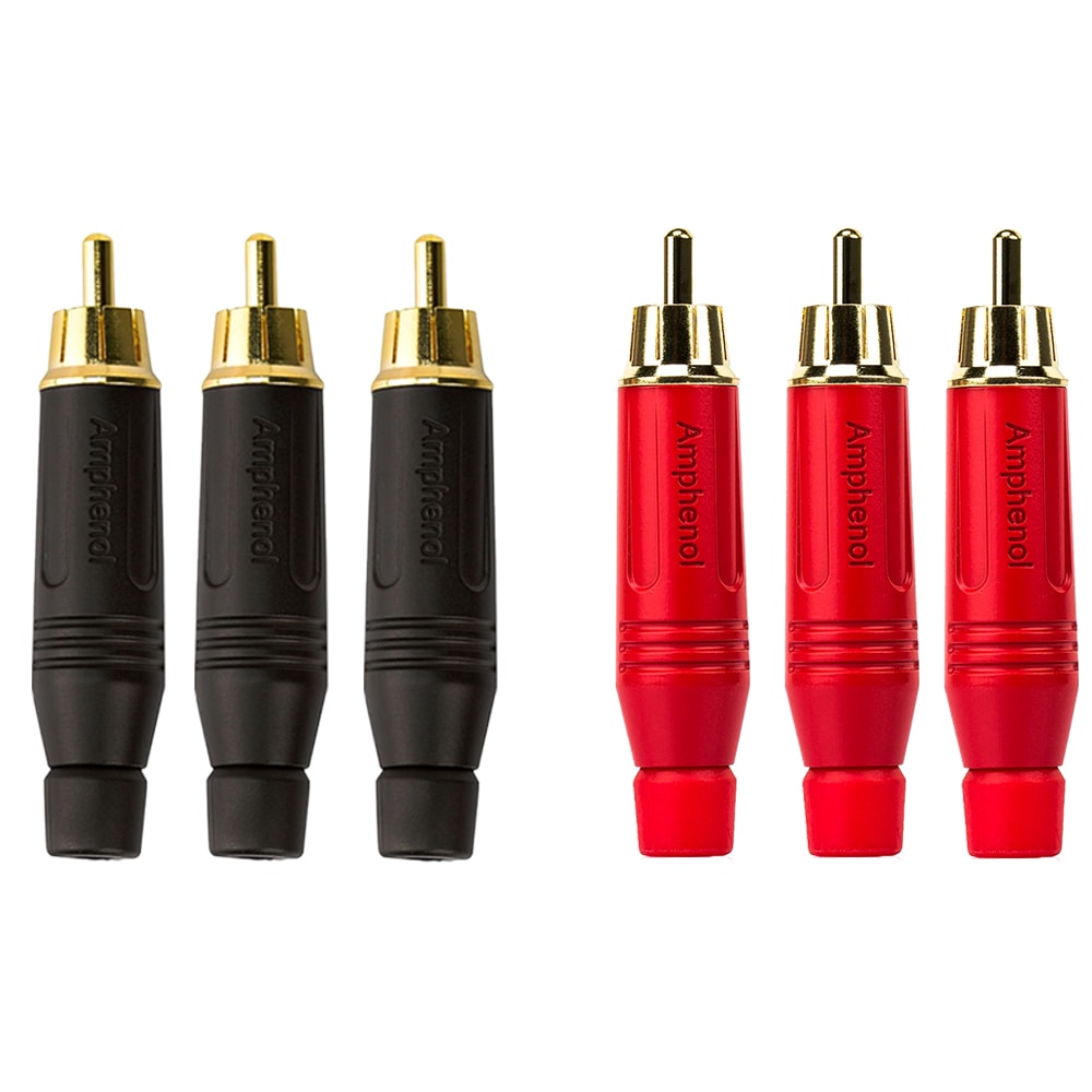 Kit 6 Conectores RCA Macho Amphenol ACPR Banhado a Ouro Profissional – 3 Vermelhos + 3 Pretos Profissional