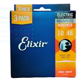 Kit C/ 3 Encordoamento Elixir P/ Guitarra Light Nanoweb 0.010 3 6 Cordas 16542X 