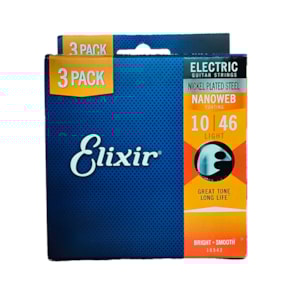 Kit C/ 3 Encordoamento Elixir P/ Guitarra Light Nanoweb 0.010 3 6 Cordas 16542X 