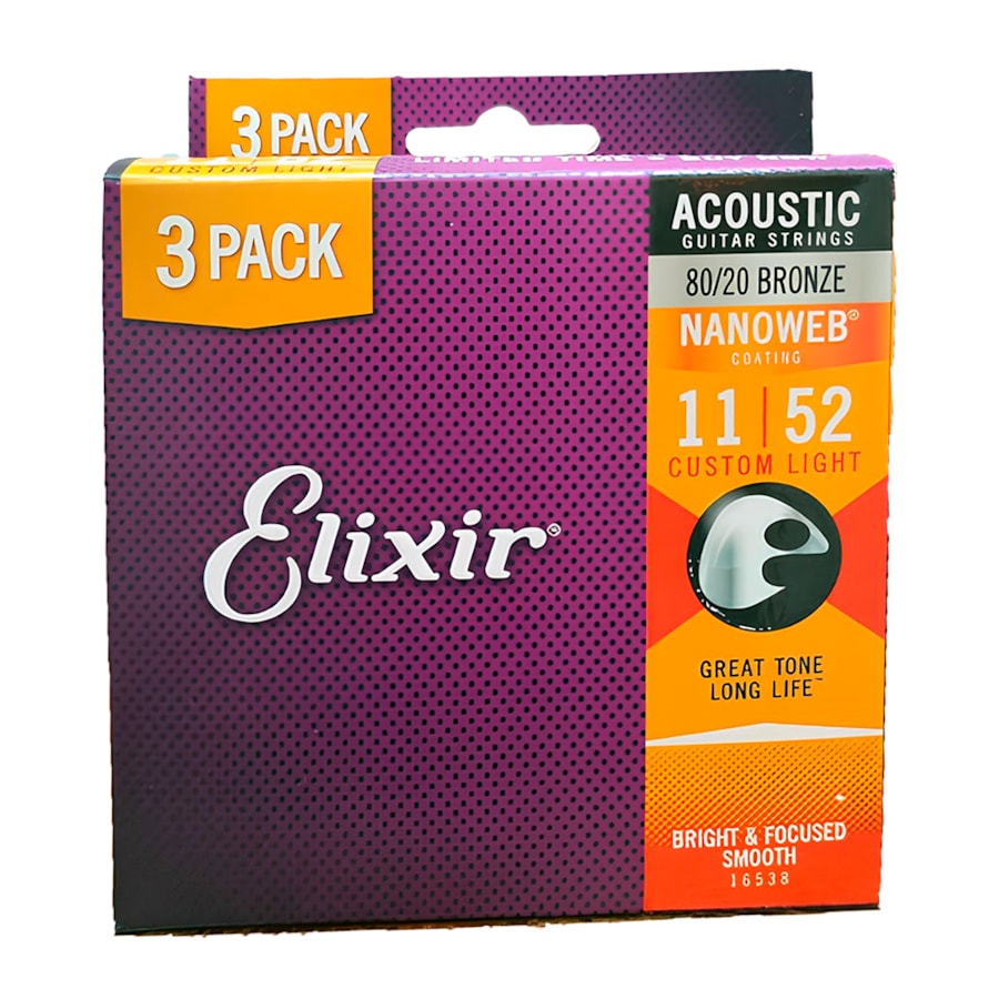 Kit C/ 3 Encordoamentos Elixir Violão Bronze Super Light 0.011 6 Cordas  16538X