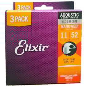 Kit C/ 3 Encordoamentos Elixir Violão Phosphor Bronze Super Light 0.011 6 Cordas  16538X