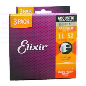 Kit C/ 3 Encordoamentos Elixir Violão Phosphor Bronze Super Light 0.011 6 Cordas  16538X