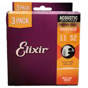 Kit C/ 3 Encordoamentos Elixir Violão Phosphor Bronze Super Light 0.011 6 Cordas  16544X Kit C/ 3 Encordoamentos Elixir Violão Phosphor Bronze Super Light 0.011 6 Cordas  16544X