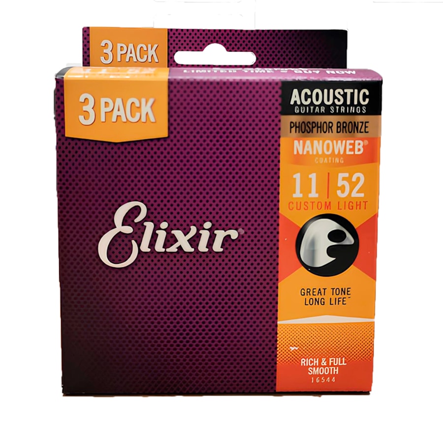 Kit C/ 3 Encordoamentos Elixir Violão Phosphor Bronze Super Light 0.011 6 Cordas  16544X