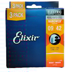 Kit Com 3 Encordoamento Elixir P/ Guitarra Super Light Nanoweb 0.09/0.042 6 Cordas 16540X 