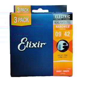 Kit Com 3 Encordoamento Elixir P/ Guitarra Super Light Nanoweb 0.09/0.042 6 Cordas 16540X 