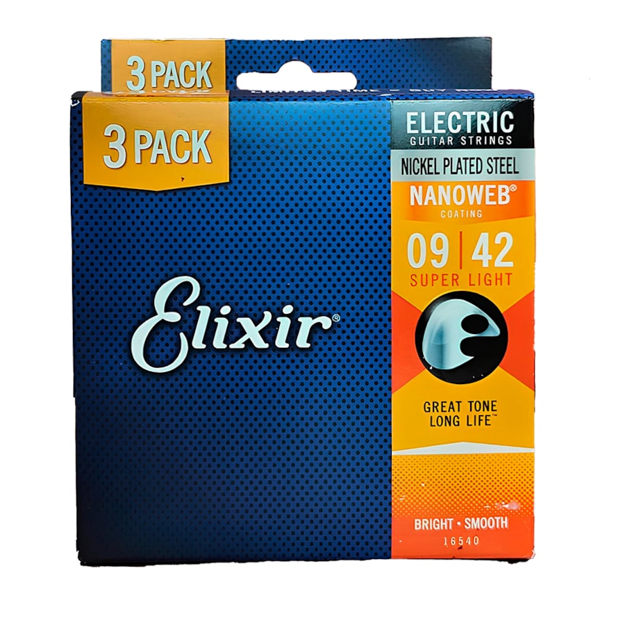 Kit Com 3 Encordoamento Elixir P/ Guitarra Super Light Nanoweb 0.09/0.042 6 Cordas 16540X 