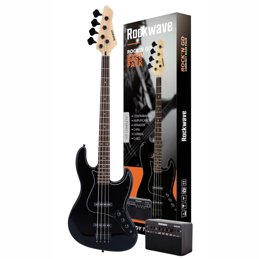 Kit Contrabaixo Rockwave RBK400 BK Preta Passivo +Mini Amp + Acessórios