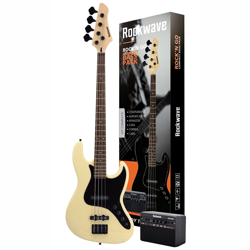 Kit Contrabaixo Rockwave RBK400 IV Ivory Passivo +Mini Amp + Acessórios