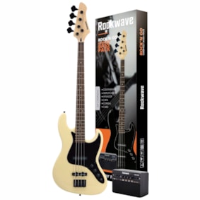 Kit Contrabaixo Rockwave RBK400 IV Ivory Passivo +Mini Amp + Acessórios
