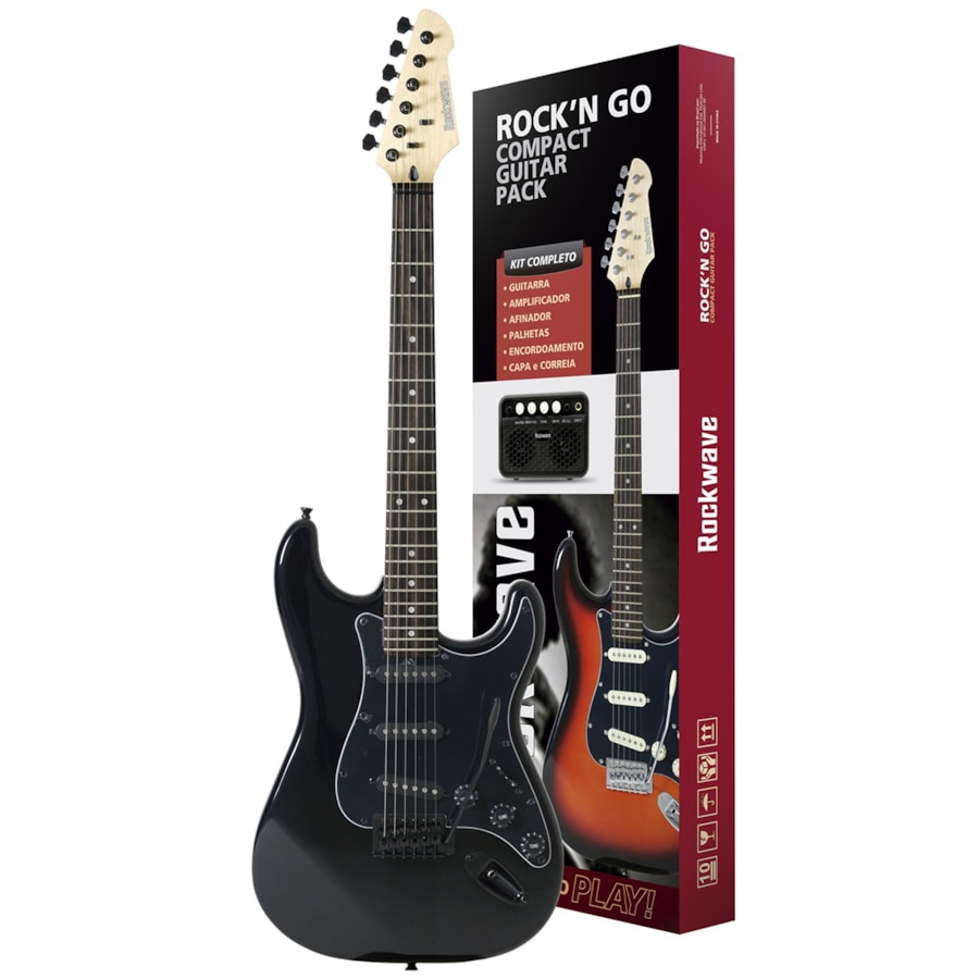 Kit Guitarra Rockwave RGK50 Preta Stratocaster +Mini Amp + Acessórios