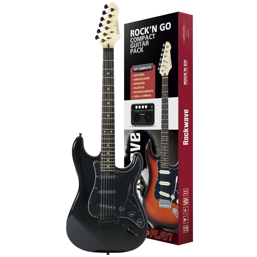 Kit Guitarra Rockwave RGK50 Preta Stratocaster +Mini Amp + Acessórios Kit Guitarra Rockwave RGK50 Preta Stratocaster +Mini Amp + Acessórios