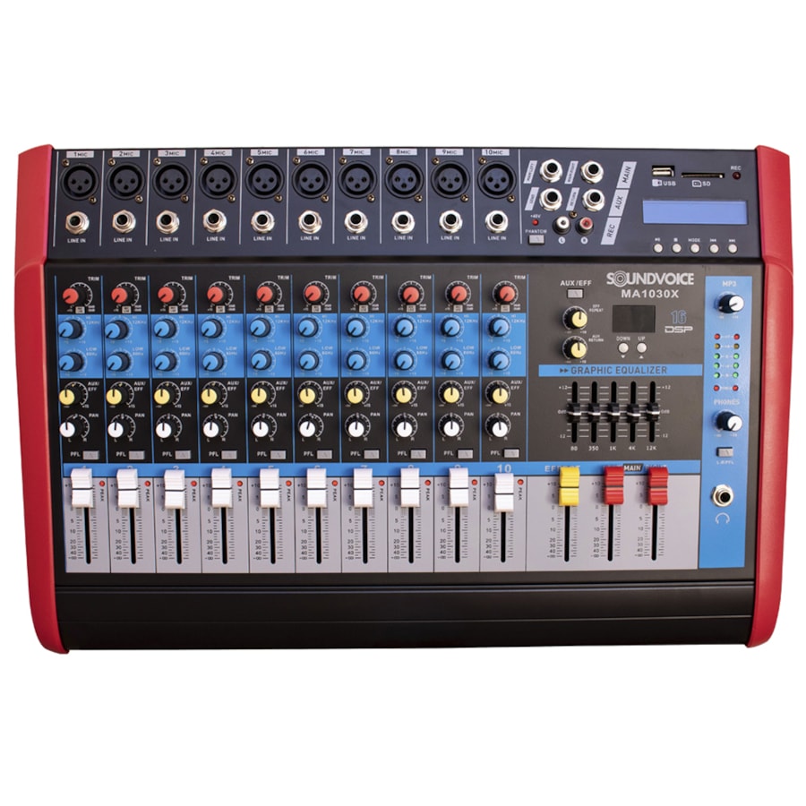 Mesa de Som Amplificada Soundvoice MA1030X de 10 Canais C/ Efeitos de 500W Mesa de Som Amplificada Soundvoice MA1030X de 10 Canais C/ Efeitos de 500W