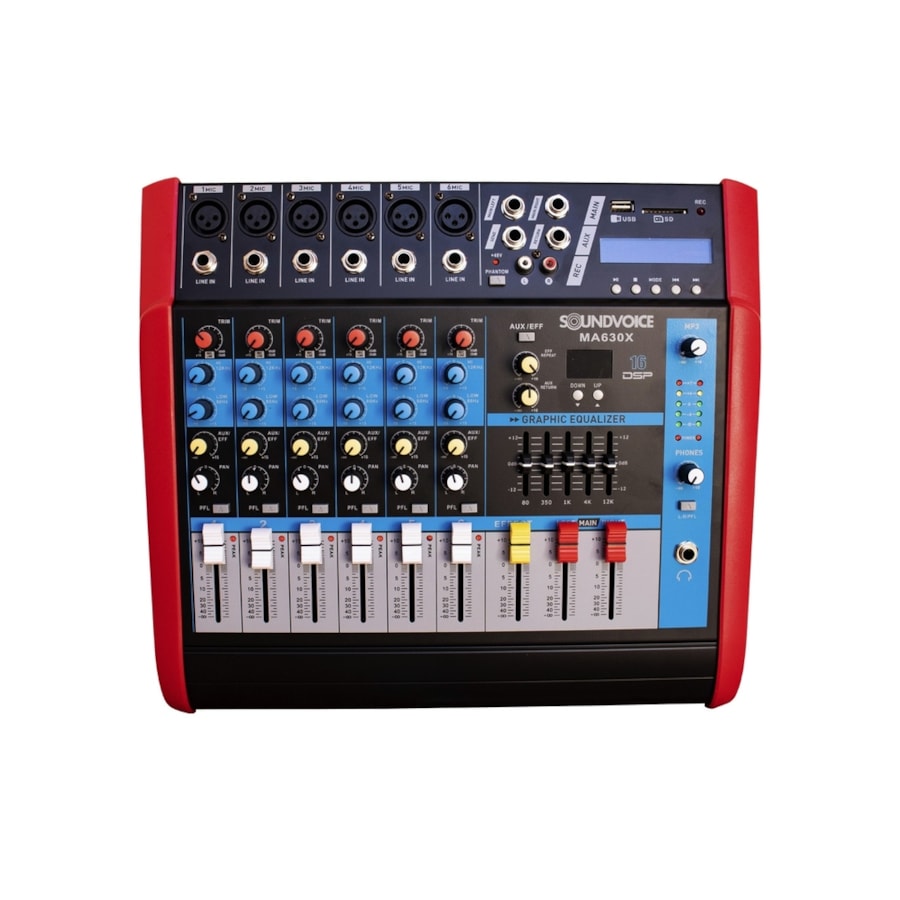 Mesa de Som Amplificada Soundvoice MA630X de 6 Canais C/ Efeitos de 500W Mesa de Som Amplificada Soundvoice MA630X de 6 Canais C/ Efeitos de 500W