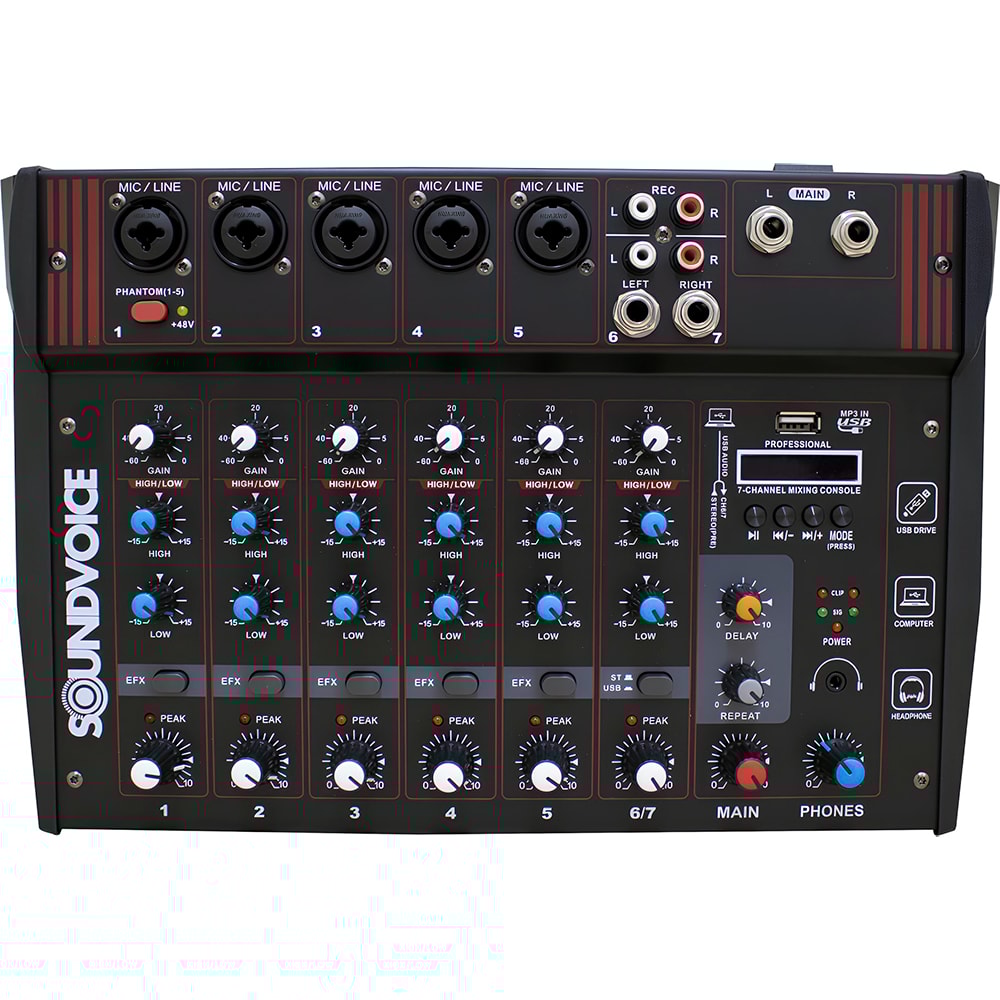 Mesa de Som Amplificada Soundvoice MA700 Classe D De 7 Canais C/ Efeitos e Bluetooth