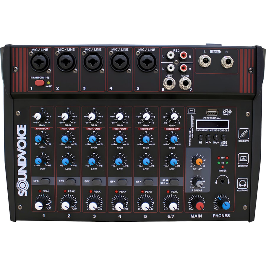 Mesa de Som Amplificada Soundvoice MA700 Classe D De 7 Canais C/ Efeitos e Bluetooth