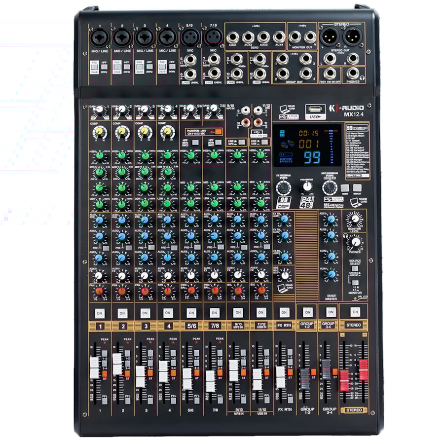 Mesa de Som Analógica K-Audio MX 12.4 12 Canais Com Bluetooth e USB Mesa de Som Analógica K-Audio MX 12.4 12 Canais Com Bluetooth e USB