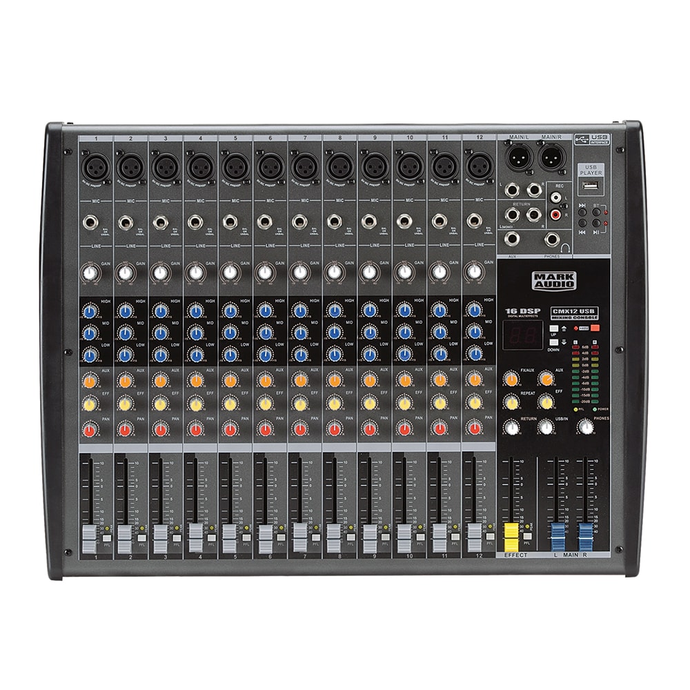 Mesa de Som Analógica Mark Audio CMX12 USB de 12 Canais com Efeitos e USB 