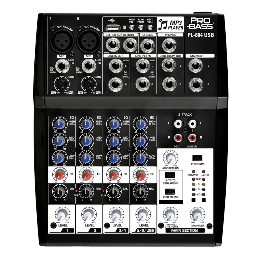 Mesa de Som Analógica Pro Bass PL-804 USB de 08 Canais + MP3 Player