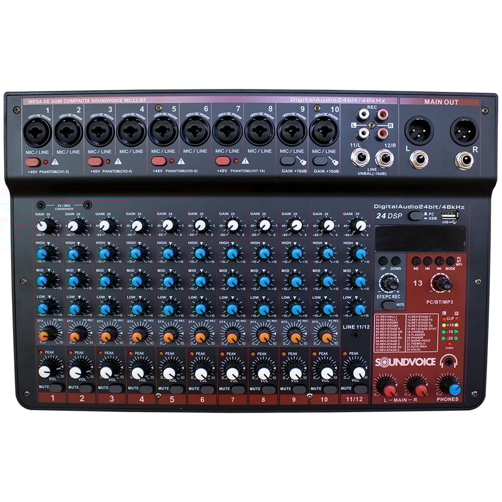 Mesa De Som Analógica Soundvoice MC12 BT De 12 Canais Com Efeitos e Bluetooth