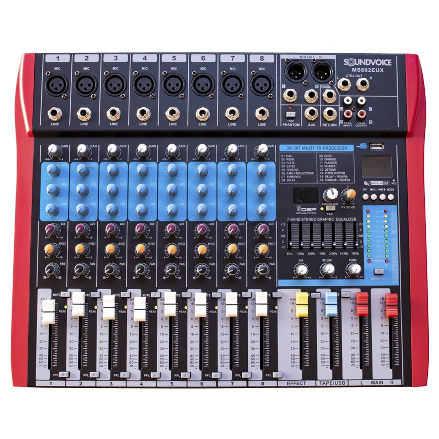 Mesa de Som Analógica Soundvoice MS802 EUX de 08 Canais + USB