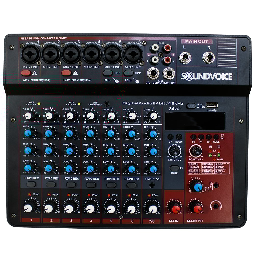 Mesa De Som Analógica Sounsvoice MC8 BT De 8 Canais C/ Efeitos e Bluetooth