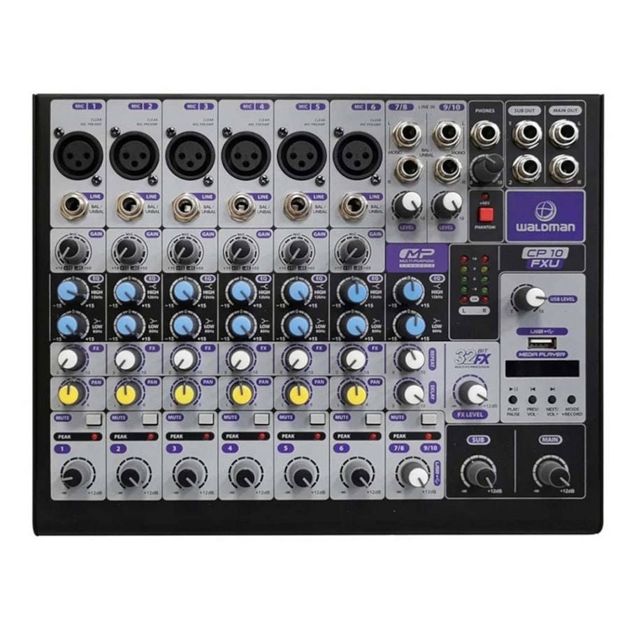 Mesa de Som Analógica Waldman CP10FXU de 10 Canais + USB e Bluetooth Mesa de Som Analógica Waldman CP10FXU de 10 Canais + USB e Bluetooth