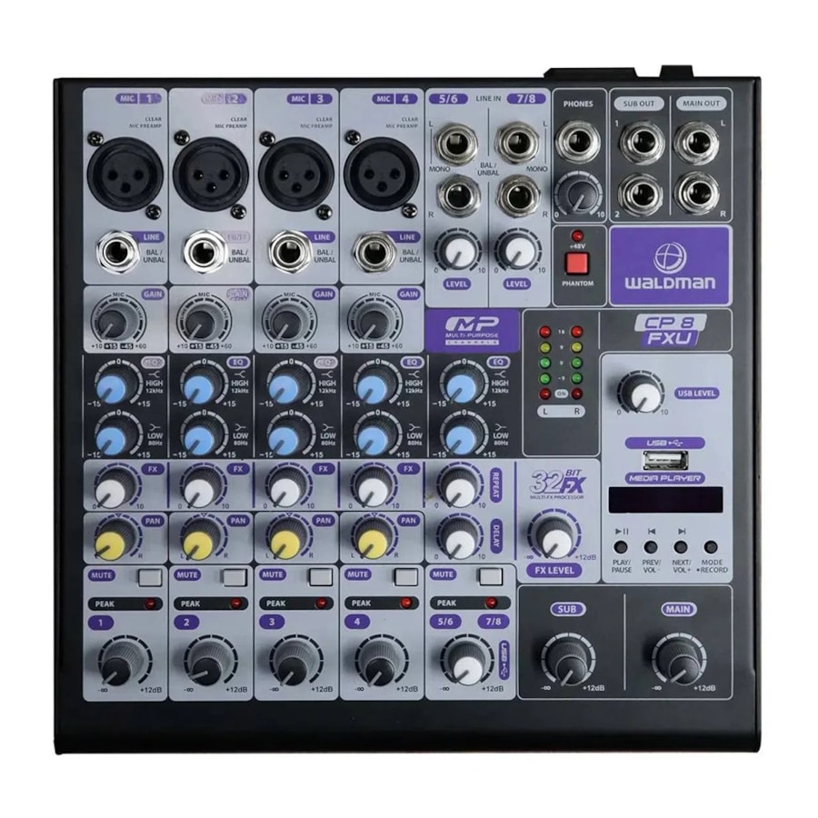 Mesa de Som Analógica Waldman CP8FXU de 8 Canais + USB e Bluetooth Mesa de Som Analógica Waldman CP8FXU de 8 Canais + USB e Bluetooth
