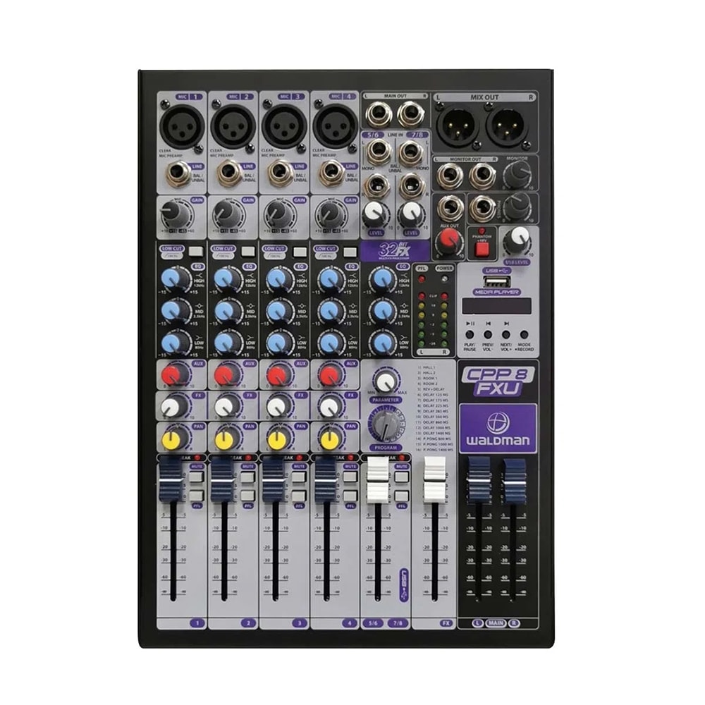 Mesa de Som Analógica Waldman CPP8 FXU de 8 Canais + USB e Bluetooth
