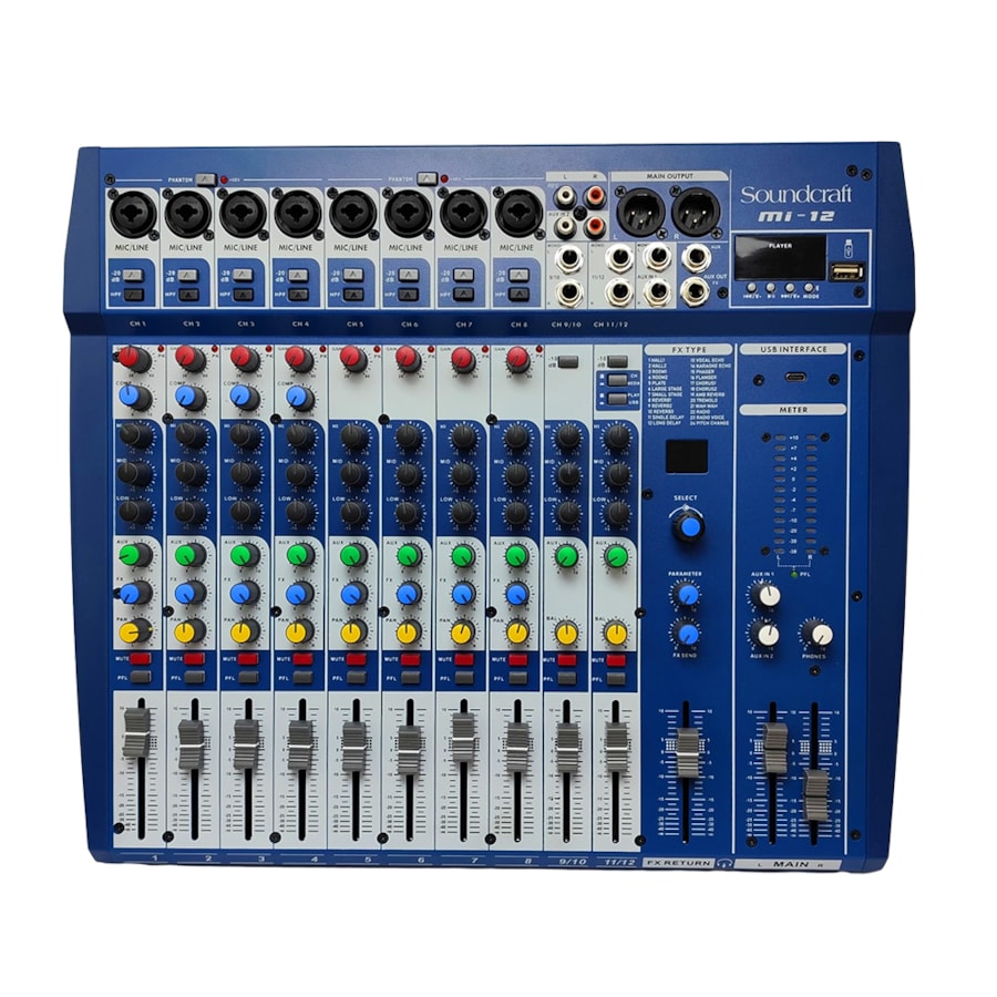 Mesa de Som Soundcraft MI12 de 12 Canais com Efeitos e Interface USB