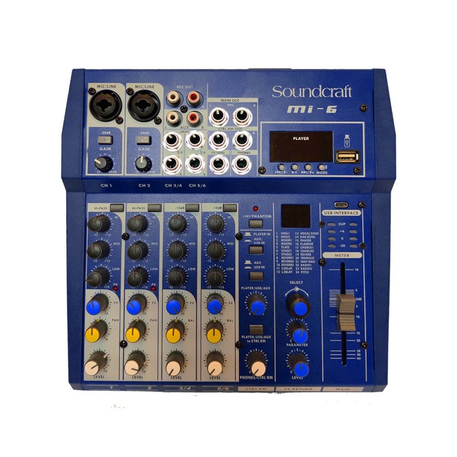 Mesa de Som Soundcraft MI6 de 6 Canais com Efeitos e Interface USB Mesa de Som Soundcraft MI6 de 6 Canais com Efeitos e Interface USB