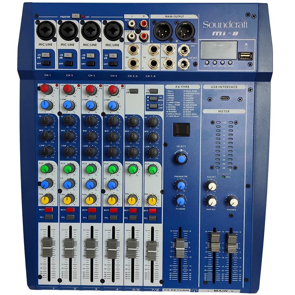 Mesa de Som Soundcraft MI8 de 8 Canais com Efeitos e Interface USB ...