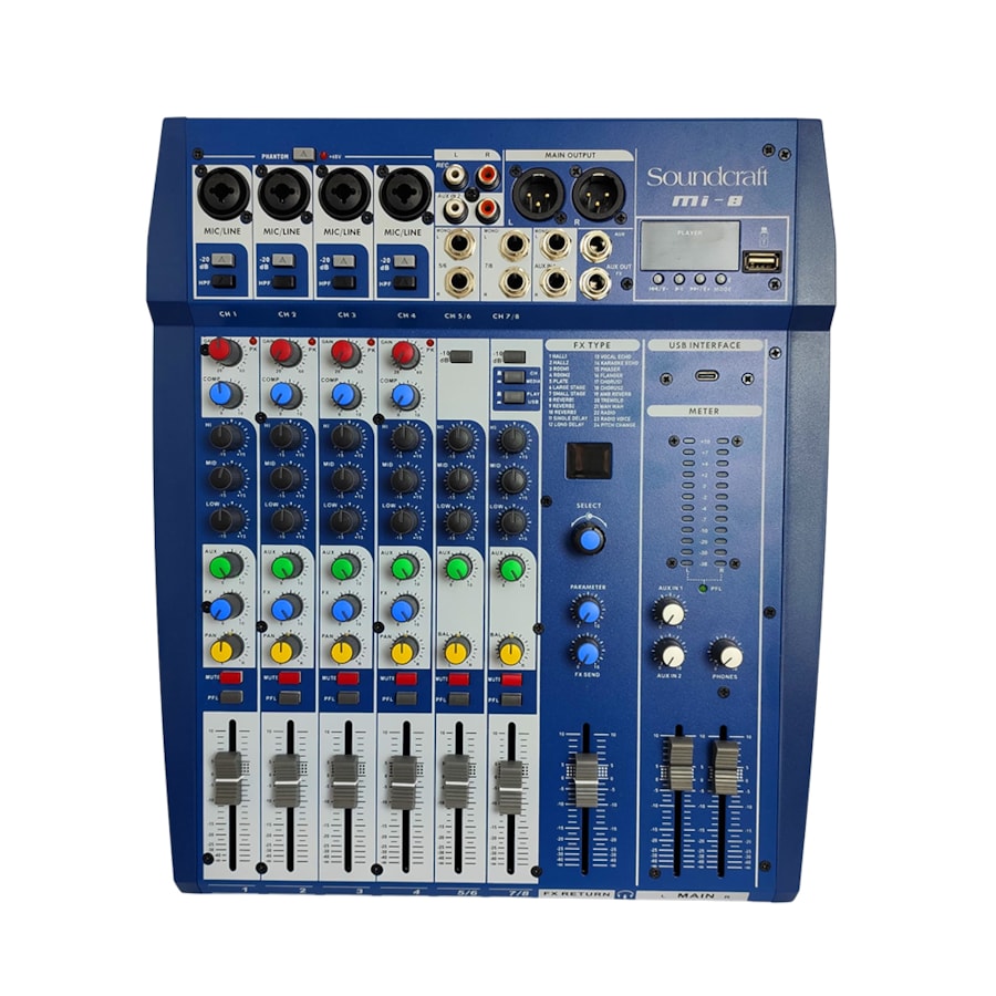 Mesa de Som Soundcraft MI8 de 8 Canais com Efeitos e Interface USB