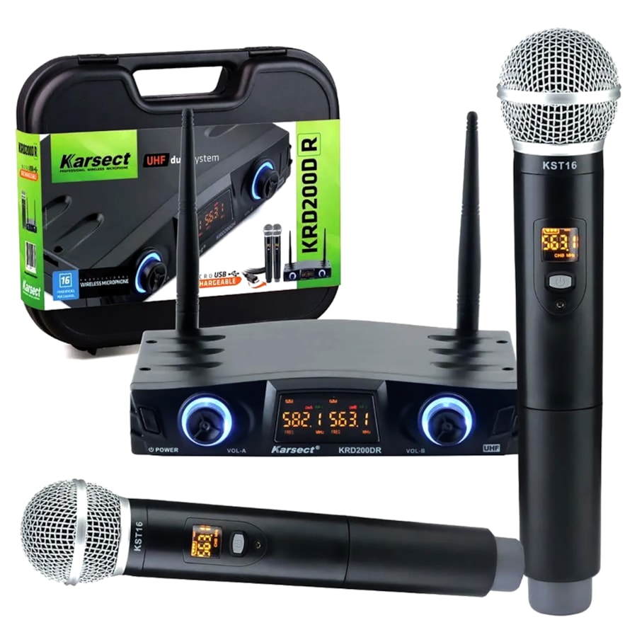 Microfone Duplo Sem Fio Karsect KRD200DR de Mão - Recarregável Microfone Duplo Sem Fio Karsect KRD200DR de Mão - Recarregável