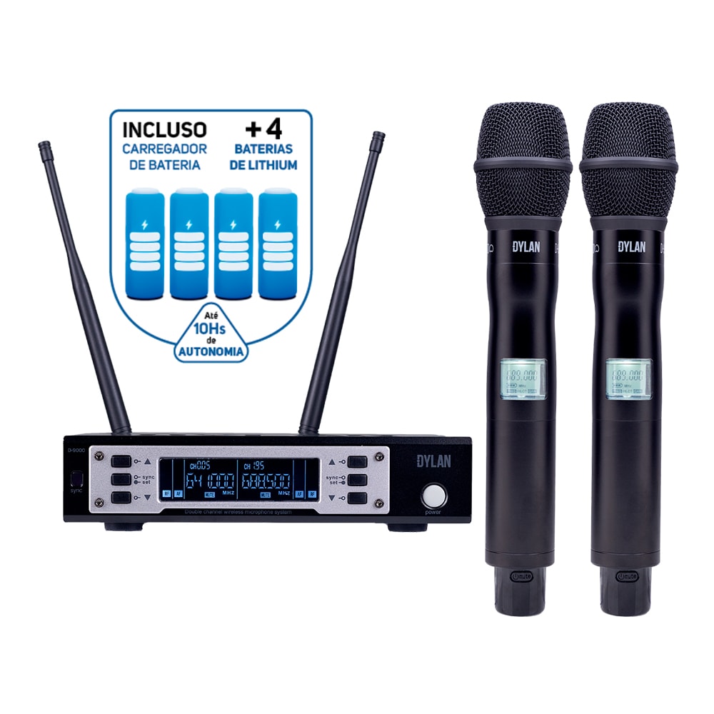 Microfone Dylan Sem Fio D-9000S Power Duplo De Mão Recarregável