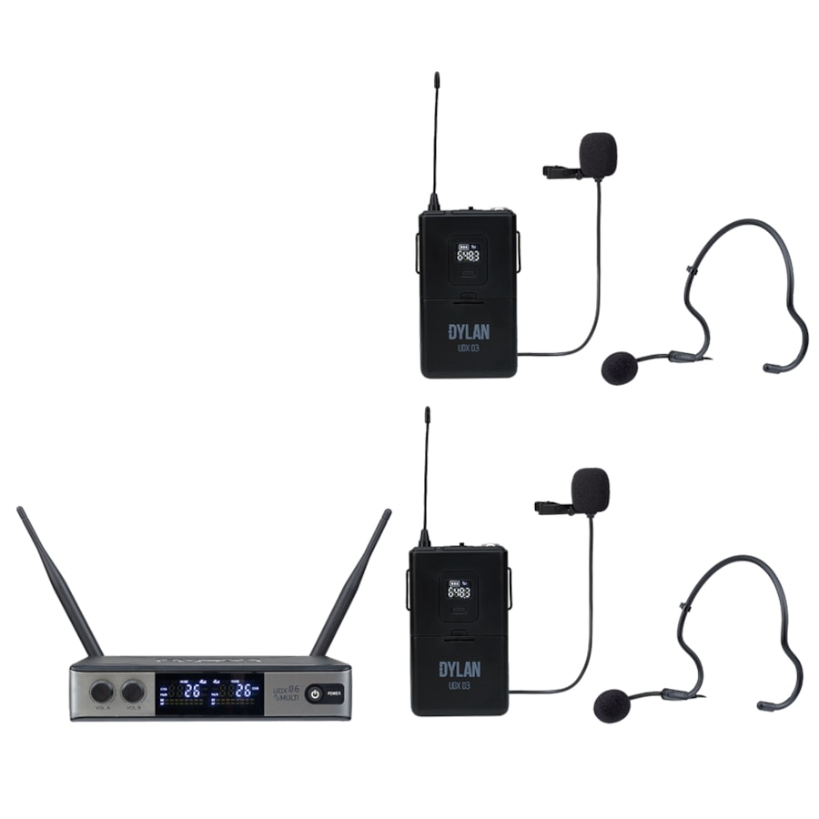 Microfone Dylan Sem Fio UDX-06 Multi Duplo Headset Lapela Tranmissor