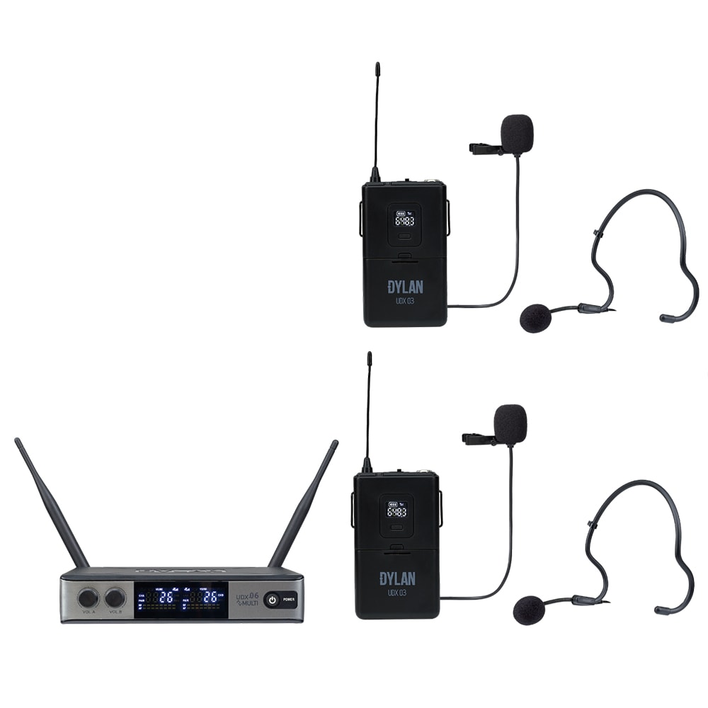 Microfone Dylan Sem Fio UDX-06 Multi Duplo Headset Lapela Transmissor